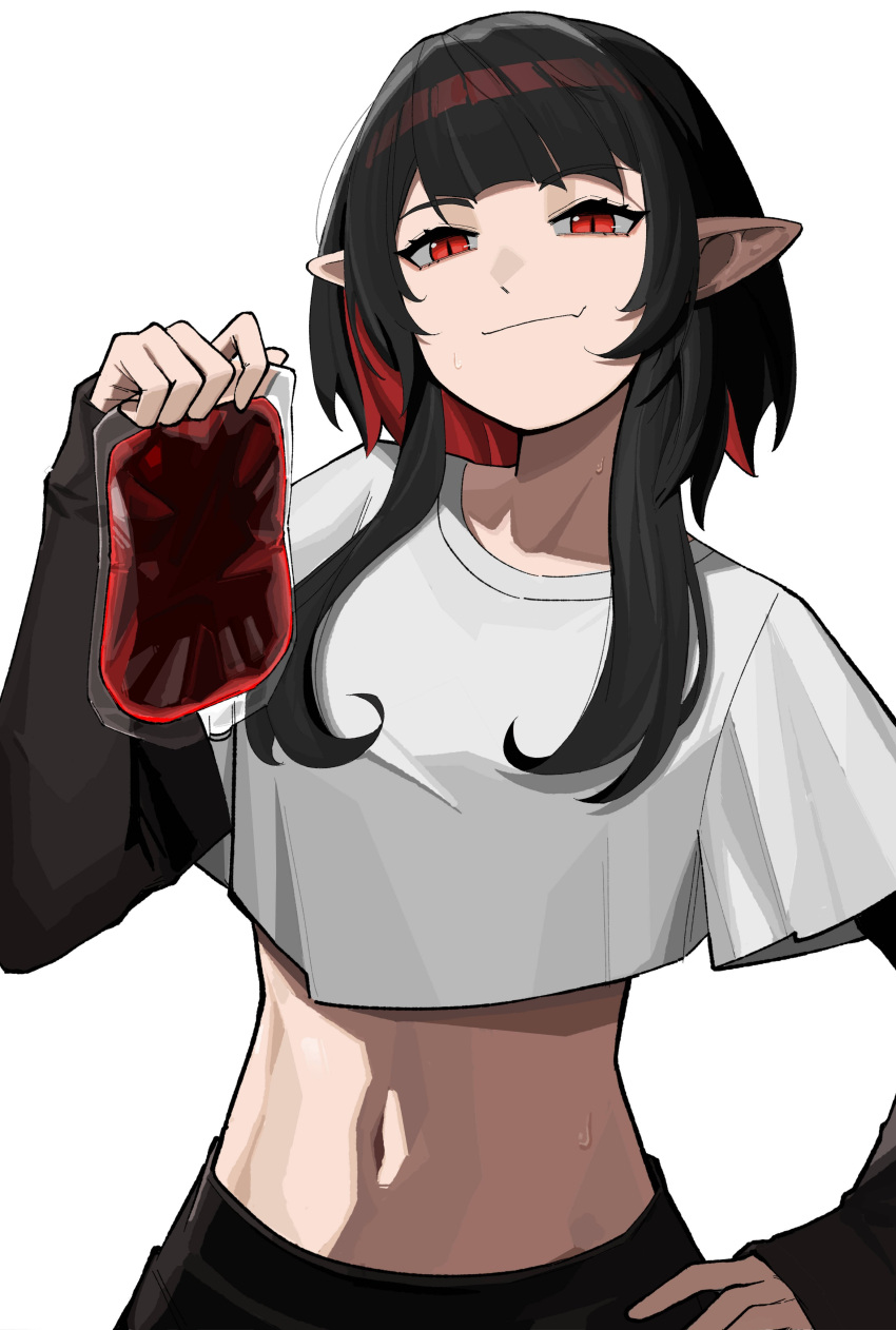 1girl, absurdres, bag, black_hair, black_sleeves, blood, blood_bag, closed_mouth