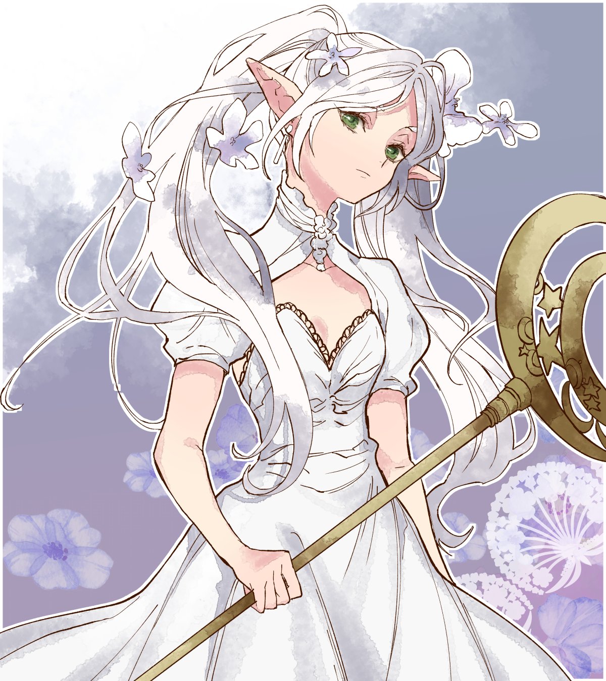 1girl, alternate_costume, cleavage_cutout, closed_mouth, clothing_cutout, commentary_request, dress, elf