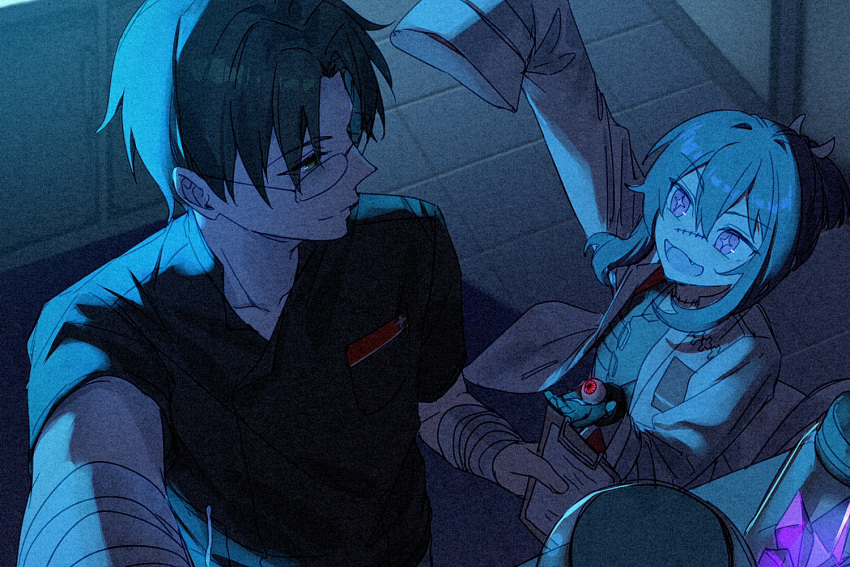 +_+, 2boys, :3, :d, aged_down, arm_up, bandaged_arm, bandages