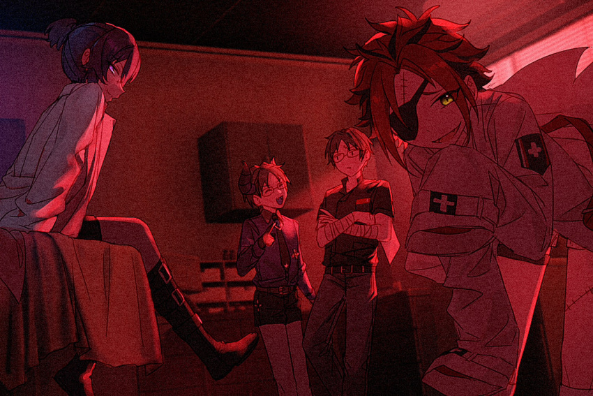 4boys, :d, aged_down, akatsuki_(ensemble_stars!), bandaged_arm, bandages, belt, bent_over