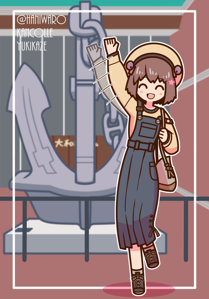 1girl, absurdres, afterimage, anchor, bag, brown_hair, brown_hat, brown_sweater