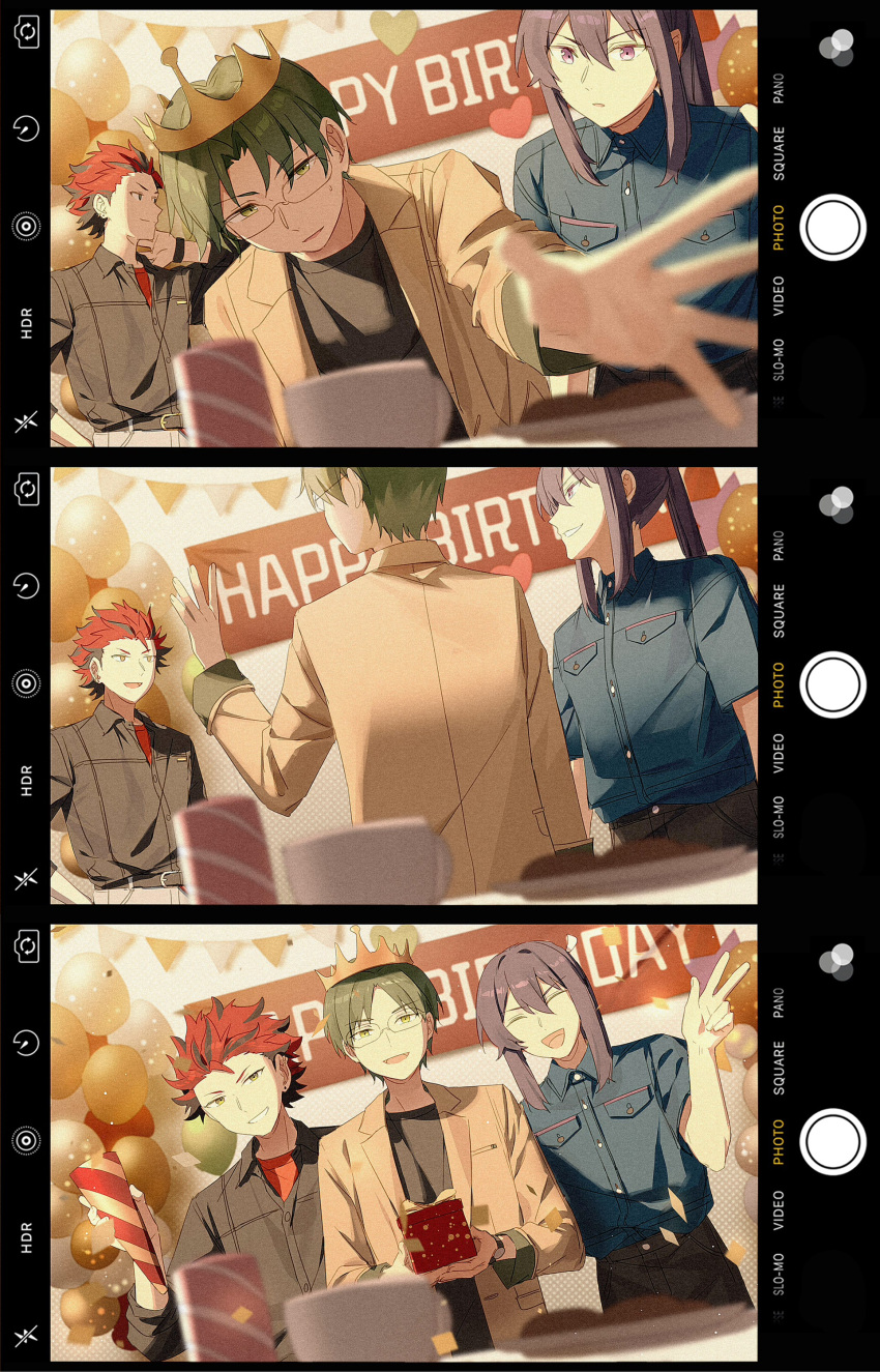 3boys, :d, :o, absurdres, akatsuki_(ensemble_stars!), balloon, banner, black_hair