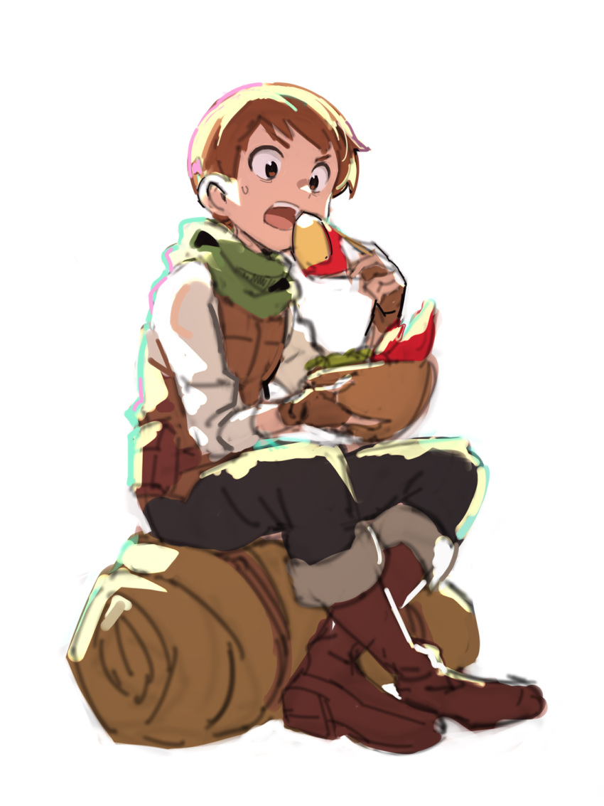 1boy, armor, black_pants, boots, bowl, brown_eyes, brown_footwear, brown_gloves