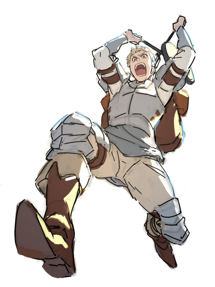 1boy, armor, arms_up, backpack, bag, blonde_hair, boots, brown_footwear, dungeon_meshi, english_commentary, frying_pan, highres, holding, holding_frying_pan, holding_spatula, laios_touden, male_focus, open_mouth, pants, simple_background, solo, spatula, white_background, yellow_eyes, yotukuro