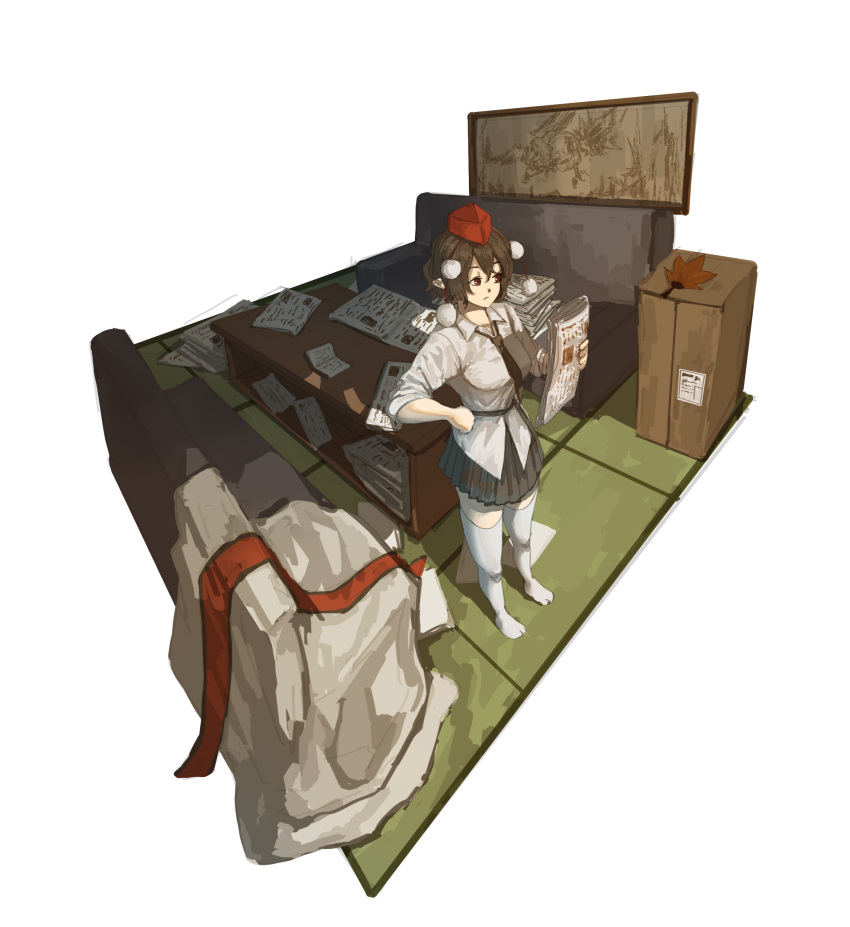 1010kman, 1girl, absurdres, black_necktie, black_skirt, box, breasts, brown_hair