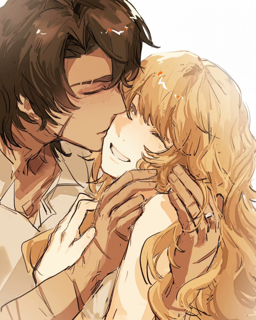 1boy, 1girl, blush, brown_hair, catherine_(project_moon), closed_eyes, collared_shirt, dress