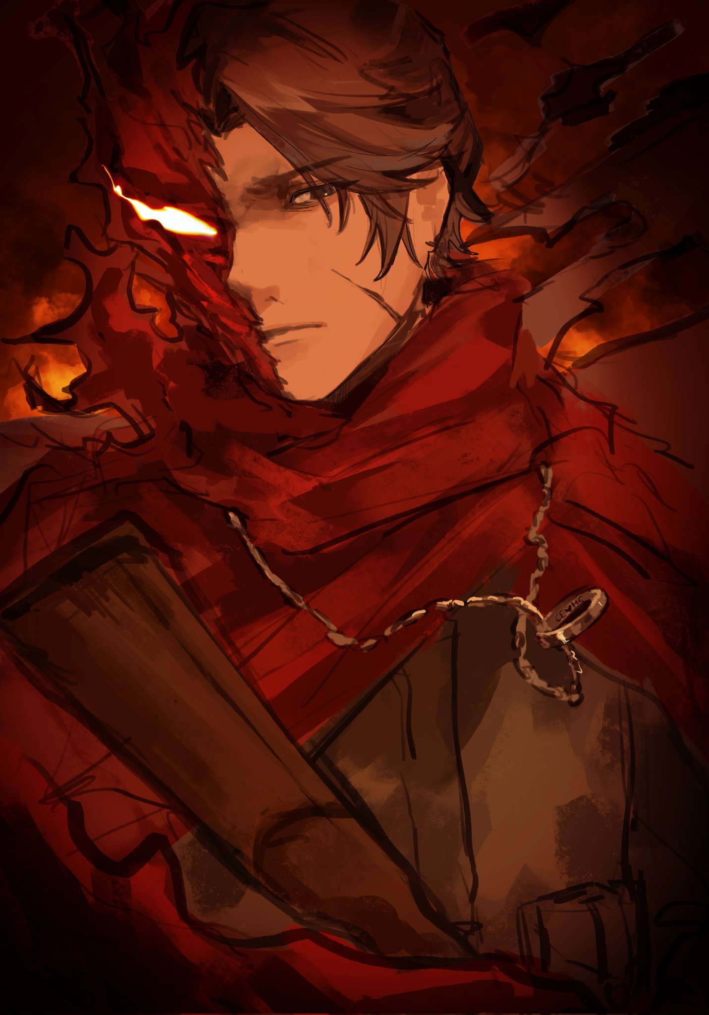 1boy, black_jacket, brown_hair, cape, closed_mouth, e.g.o_(project_moon), fell_bullet_(e.g.o), fire