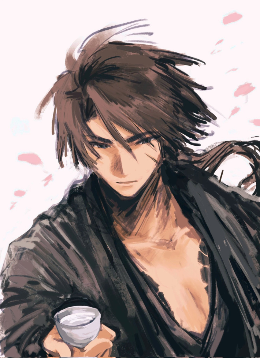 1boy, black_kimono, brown_hair, choko_(cup), cup, heathcliff_(project_moon), highres, holding