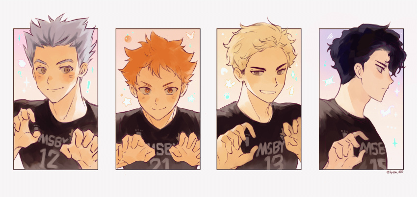 4boys, animated, animated_gif, black_hair, blonde_hair, bokuto_koutarou, claw_pose, closed_eyes