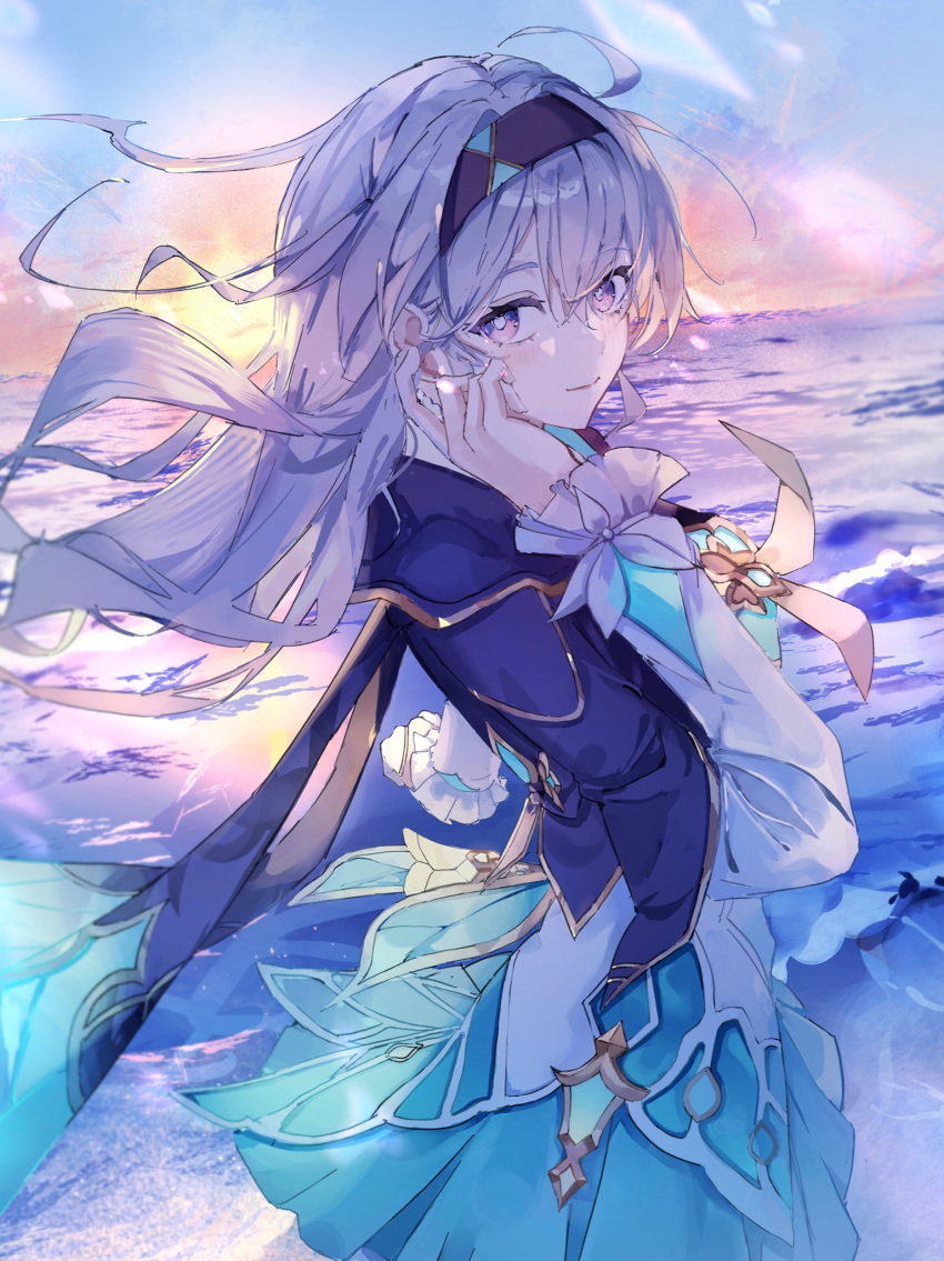 1girl, aqua_skirt, black_hairband, black_jacket, commentary, firefly_(honkai:_star_rail), grey_hair, hair_between_eyes