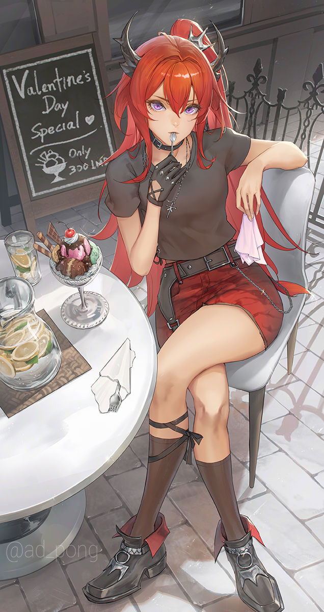 1girl, adpong, arknights, belt, black_belt, black_choker, black_gloves, black_shirt, breasts, chair, choker, cross, cross_necklace, cup, day, demon_horns, denim, denim_skirt, english_commentary, english_text, fork, full_body, glass, gloves, highres, holding, holding_napkin, holding_spoon, horns, jewelry, long_hair, looking_at_viewer, necklace, official_alternate_costume, on_chair, outdoors, parfait, red_skirt, redhead, shirt, short_sleeves, single_glove, skirt, solo, spoon, surtr_(arknights), surtr_(liberte_echec)_(arknights), table, twitter_username, violet_eyes