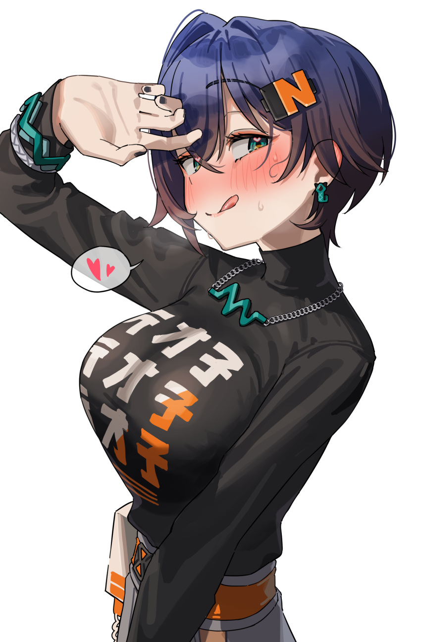 1girl, :q, absurdres, belle_(zenless_zone_zero), belt, black_nails, black_shirt, blue_hair, blush, breasts, covering_face, crossed_bangs, earrings, from_side, green_eyes, green_tea_(matchaistasty), hair_ornament, hand_up, heart, heart-shaped_pupils, highres, jewelry, large_breasts, letter_hair_ornament, looking_at_viewer, looking_to_the_side, necklace, orange_belt, shirt, simple_background, spoken_heart, sweat, symbol-shaped_pupils, tongue, tongue_out, white_background, zenless_zone_zero