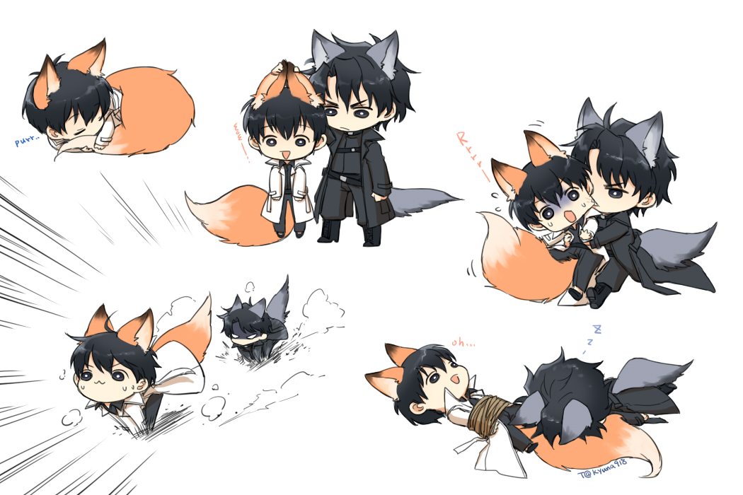 2boys, :3, animal_ears, black_coat, black_eyes, black_footwear, black_hair, black_pants