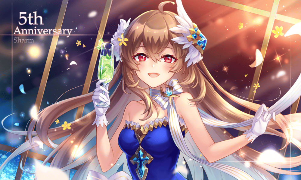 1girl, ahoge, anniversary, artist_name, bare_shoulders, blue_dress, blue_petals, bow, breasts, brown_hair, champagne_flute, chloe_(ta_ga_tame_no_alchemist), cropped_torso, cup, double-parted_bangs, dress, drinking_glass, floating_hair, gloves, hair_between_eyes, hands_up, holding, holding_cup, long_hair, looking_at_viewer, medium_breasts, official_alternate_costume, official_art, red_eyes, second-party_source, sharm_(g-row), sidelocks, solo, strapless, strapless_dress, ta_ga_tame_no_alchemist, white_bow, white_gloves, wing_hair_ornament