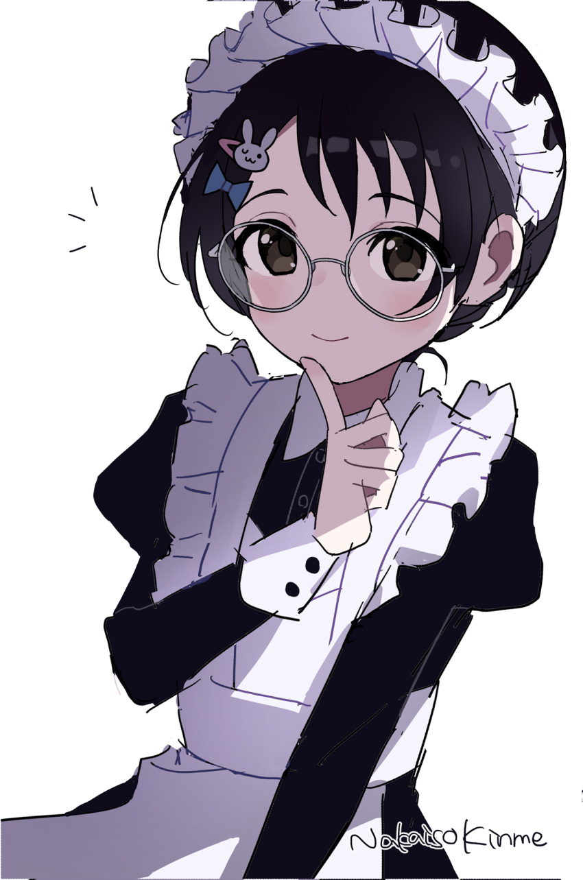 1girl, alternate_costume, apron, artist_name, bespectacled, black_dress, black_hair, blush