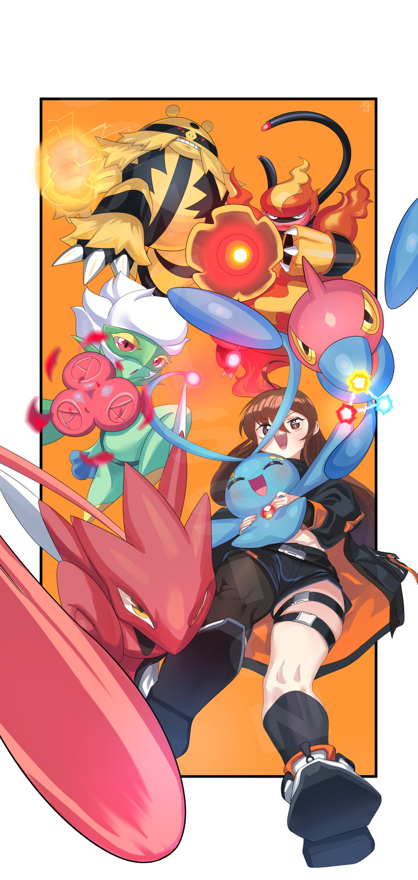 2girls, 3others, ^_^, absurdres, ahoge, aiming, aiming_at_viewer, animal_feet, arms_up, asymmetrical_legwear, belt, black_eyes, black_footwear, black_fur, black_jacket, black_pantyhose, black_shorts, black_socks, blush, body_fur, border, brown_eyes, brown_hair, chest_jewel, claws, clenched_hand, clenched_teeth, closed_eyes, colored_sclera, colored_skin, commentary_request, commission, electivire, electricity, electrokinesis, english_commentary, flower, furry, gem, glowing, gpaper232, green_skin, hair_between_eyes, hands_up, happy, highres, holding, holding_pokemon, insect_wings, jacket, kneehighs, korean_commentary, leg_up, light_blush, long_hair, looking_at_viewer, magmortar, manaphy, midriff_peek, mixed-language_commentary, monster_girl, multicolored_skin, multiple_girls, multiple_others, open_mouth, orange_background, original, outside_border, outstretched_arms, pantyhose, petals, plant_girl, pocket, pokemon_(creature), pokemon_move, porygon-z, powering_up, red_eyes, red_flower, red_gemstone, red_rose, red_sclera, red_skin, rose, roserade, scizor, shoes, short_hair, short_shorts, shorts, sidelocks, simple_background, single_leg_pantyhose, single_sock, smile, socks, spread_arms, symbol-shaped_pupils, teeth, thigh_strap, thunder_punch_(pokemon), tri_attack_(pokemon), two-sided_fabric, two-sided_jacket, two-tone_fur, two-tone_skin, uneven_legwear, watermark, white_border, white_hair, white_wings, wings, yellow_eyes, yellow_fur, yellow_sclera, yellow_skin