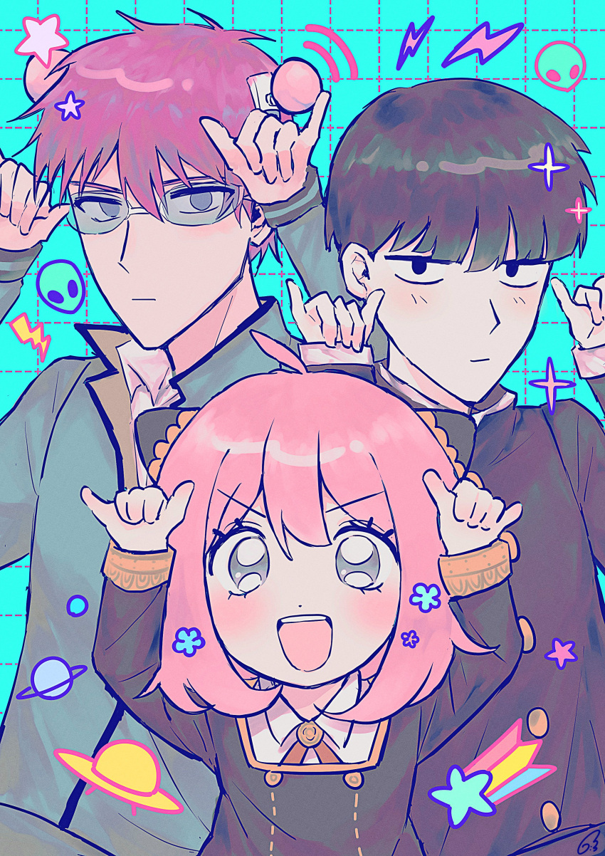 1girl, 2boys, absurdres, ahoge, alternate_eye_color, anya_(spy_x_family), bowl_cut, commentary