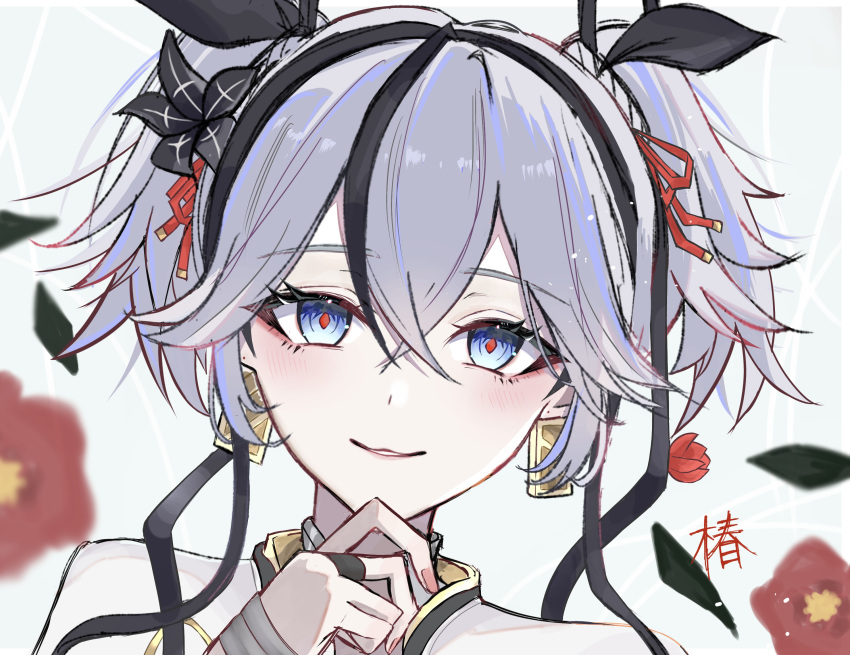 1girl, black_flower, black_ribbon, blake_bloom_(wuthering_waves), blue_eyes, camellya_(wuthering_waves), commentary_request, earrings, flower, gold_earrings, hair_between_eyes, hair_flower, hair_ornament, hair_ribbon, hair_vines, highres, jewelry, k_o_m_i, light_blush, looking_at_viewer, parted_lips, portrait, red_pupils, red_ribbon, ribbon, short_hair, short_twintails, smile, solo, twintails, white_hair, wuthering_waves