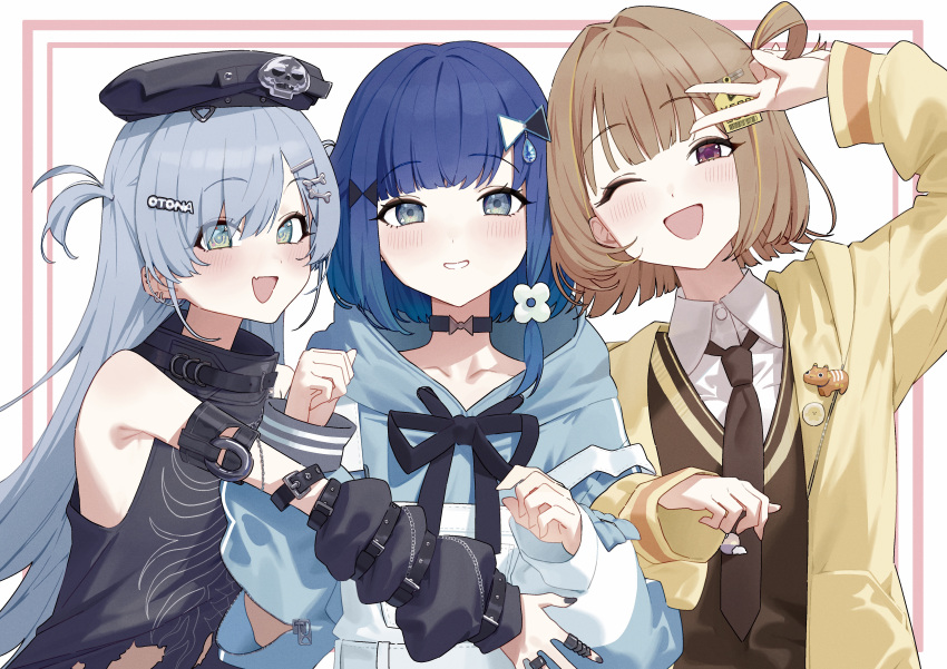 3girls, absurdres, aqua_eyes, black_choker, black_hat, black_necktie, black_ribbon, black_shirt