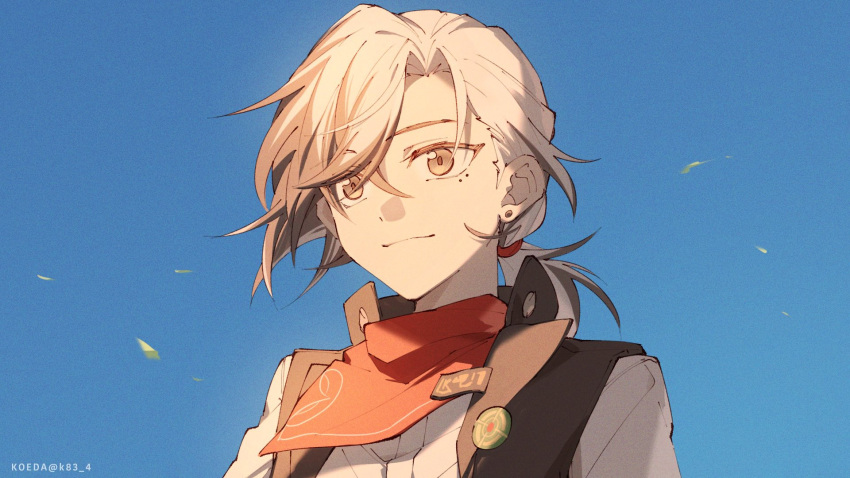 1boy, aged_down, artist_name, bandana, bandana_around_neck, black_hair, blue_sky, boothill_(honkai:_star_rail)