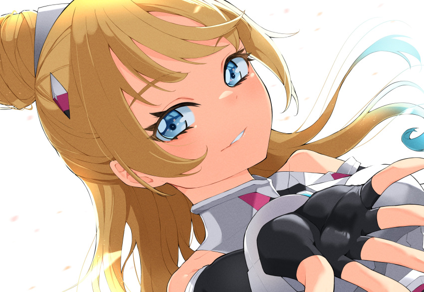 1girl, absurdres, armor, black_gloves, blonde_hair, blue_eyes, blue_hair, commentary