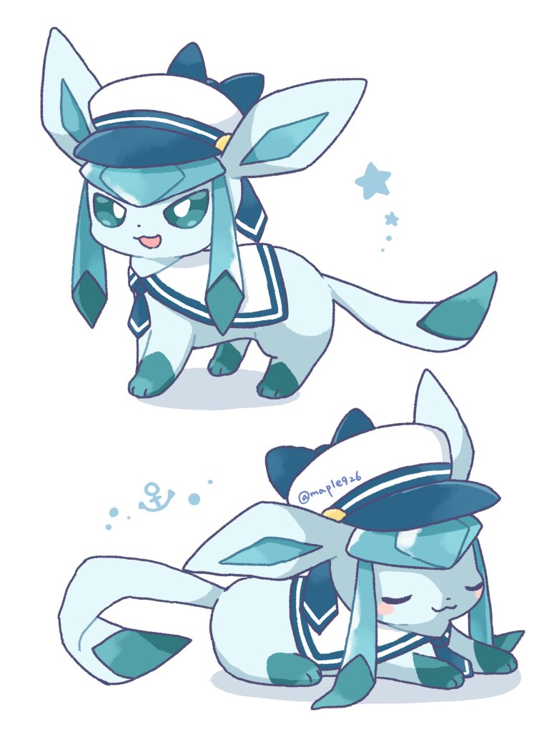 animal_focus, blue_eyes, blue_hair, bright_pupils, glaceon, glaceon_(summer_sailor), hat, kana_(maple926)
