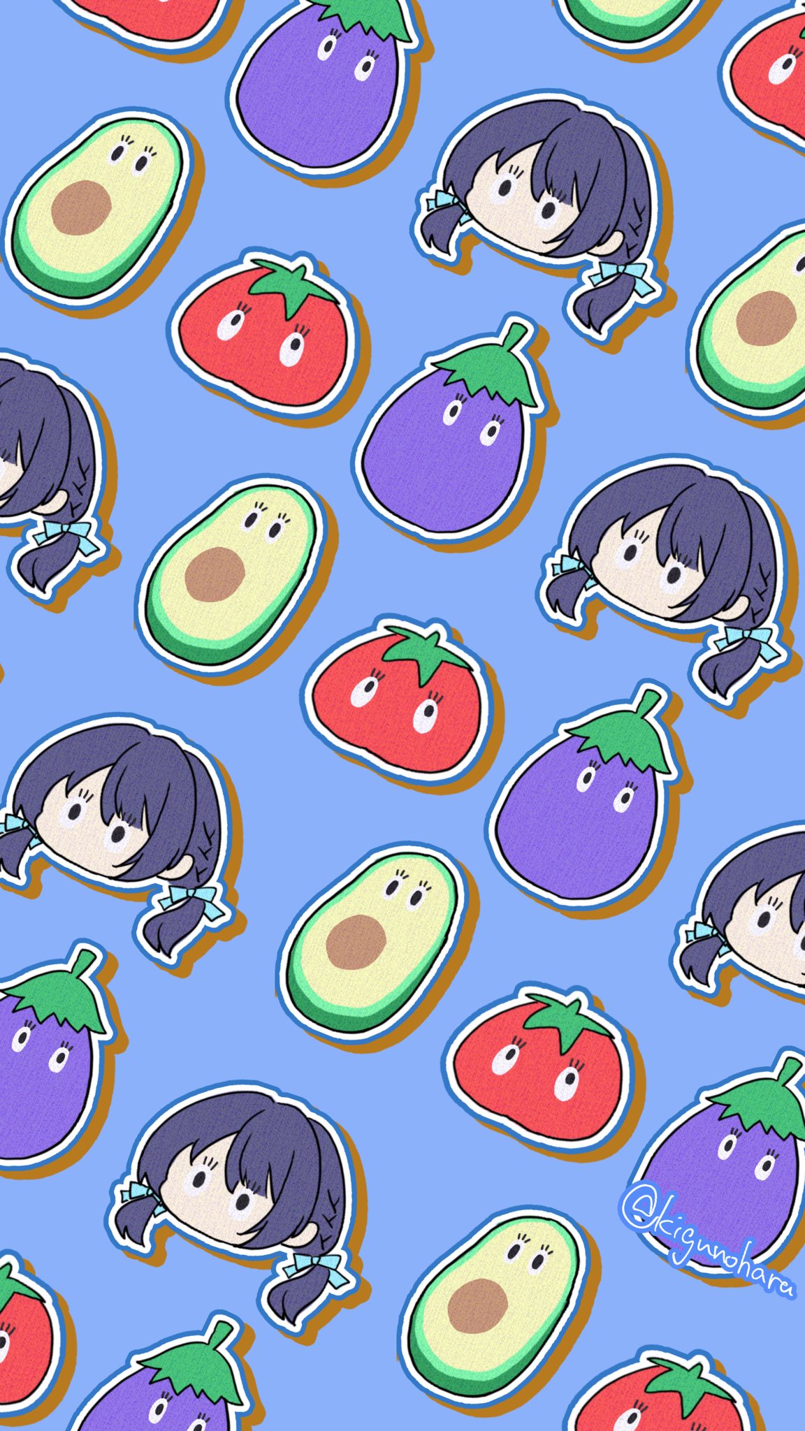 1girl, blue_background, blue_hair, blue_ribbon, chibi, commentary_request, dark_blue_hair, drop_shadow, hair_ribbon, highres, kigucha, link!_like!_love_live!, long_hair, love_live!, low_twintails, murano_sayaka, outline, recurring_image, ribbon, stuffed_avocado, stuffed_eggplant, stuffed_tomato, twintails, twitter_username, virtual_youtuber, white_outline