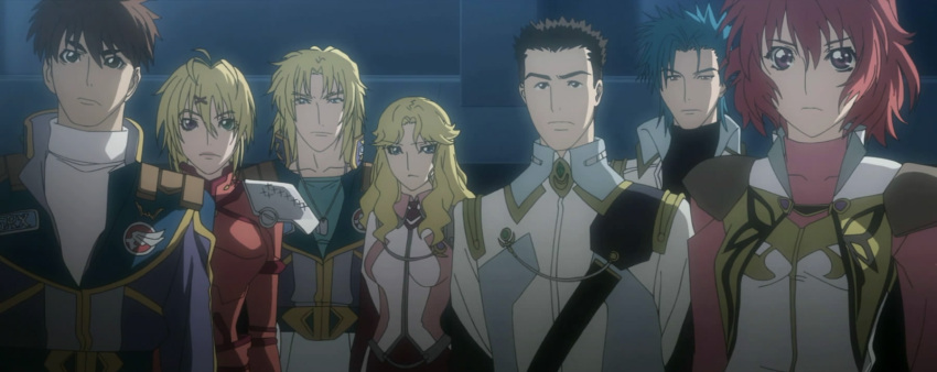 blue_eyes, blue_hair, brown_eyes, brown_hair, cap, heterochromia, highres, ibis_douglas, irm_kazahara, irmgult_kazahara, katina_tarask, leona_garstein, purple_eyes, raidese_f_branstein, red_hair, russel_bagman, ryusei_date, ryuusei_date, screencap, stitched, super_robot_wars, super_robot_wars_original_generation