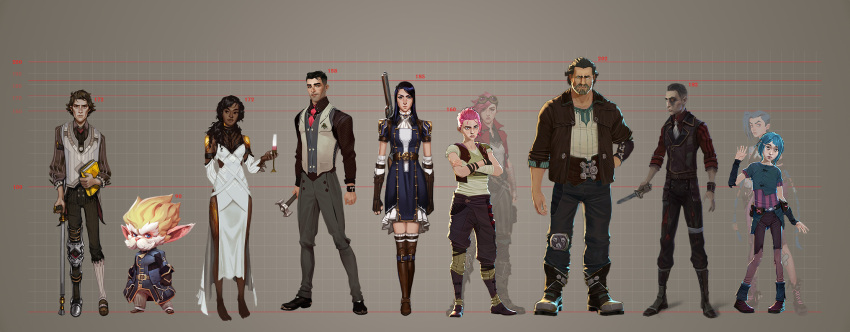 age_comparison, arcane:_league_of_legends, arcane_caitlyn, arcane_heimerdinger, arcane_jayce, arcane_jinx, arcane_vi, arcane_viktor, bandaged_arm, bandages, beard, black_hair, blue_hair, book, braid, caitlyn_(league_of_legends), cane, dark-skinned_female, dark_skin, dress, facial_hair, goggles, gun, hammer, height_chart, highres, holding, holding_book, holding_hammer, holding_knife, jayce_(league_of_legends), jinx_(league_of_legends), knife, league_of_legends, mature_male, mel_medarda, multiple_boys, multiple_girls, official_art, pink_hair, pointy_ears, powder_(arcane), rifle, silco_(arcane), simple_background, sniper_rifle, tall_female, twin_braids, vander_(arcane), vi_(league_of_legends), weapon, weapon_on_back, white_dress, yordle