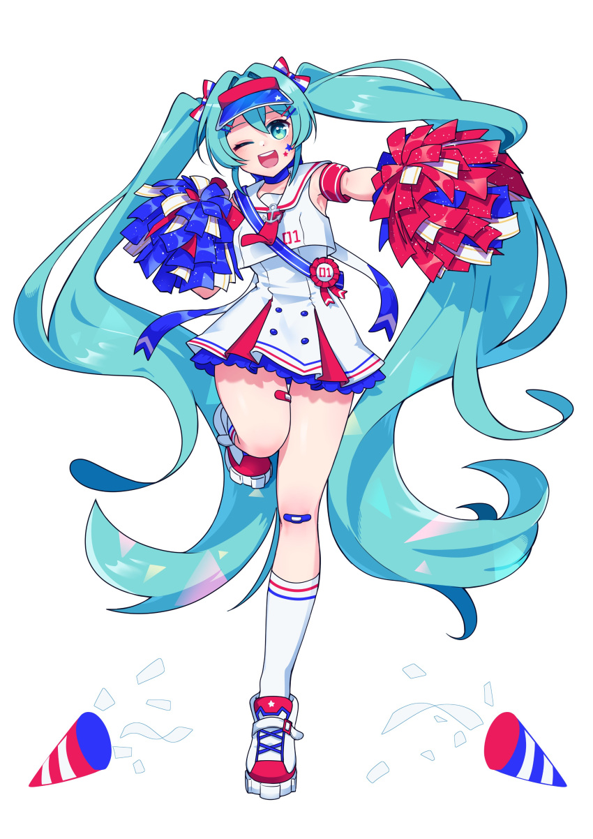 1girl, absurdres, aqua_eyes, aqua_hair, cheerleader, cross-laced_footwear, facial_tattoo, fran_(fran122)