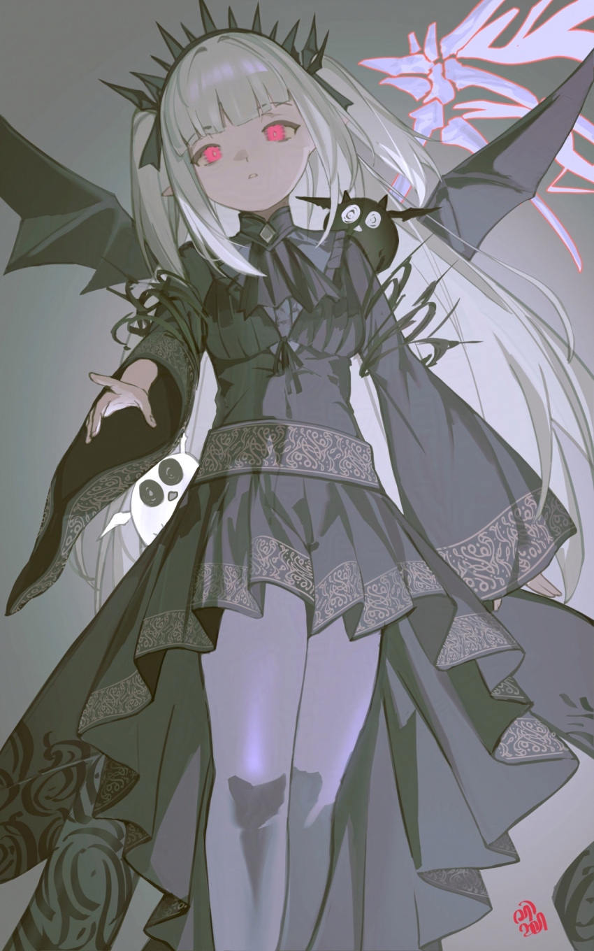 1girl, a-bao_a_qu_the_lightless_shadow, ascot, black_dress, blunt_bangs, creature, dress, duel_monster