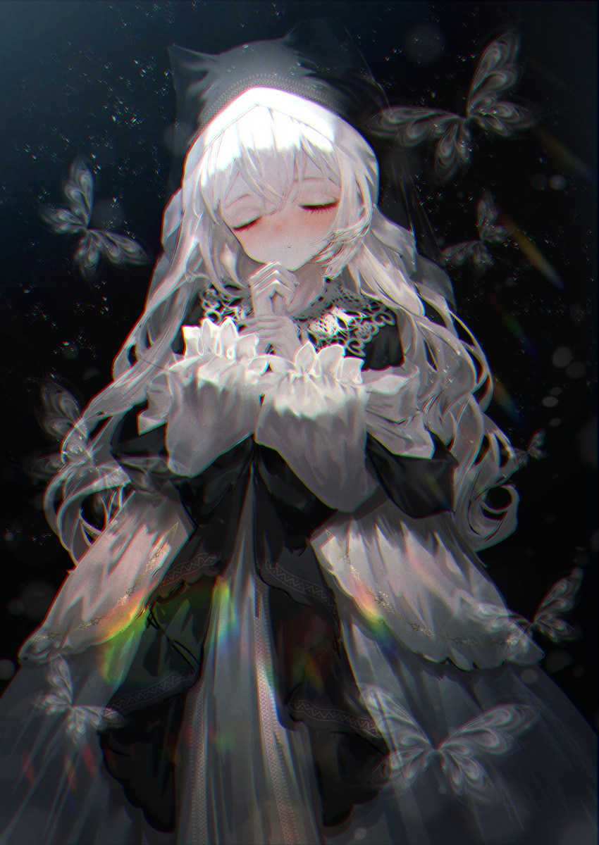 1girl, absurdres, albino, black_dress, blush, bug, butterfly, chromatic_aberration, closed_eyes, commentary, dress, glowing_motes, gothic_lolita, habit, highres, lolita_fashion, long_sleeves, nose_blush, nun, original, pale_skin, praying, prismatic_lines, puffy_long_sleeves, puffy_sleeves, tito_(osakanakana0_0), veil, white_hair