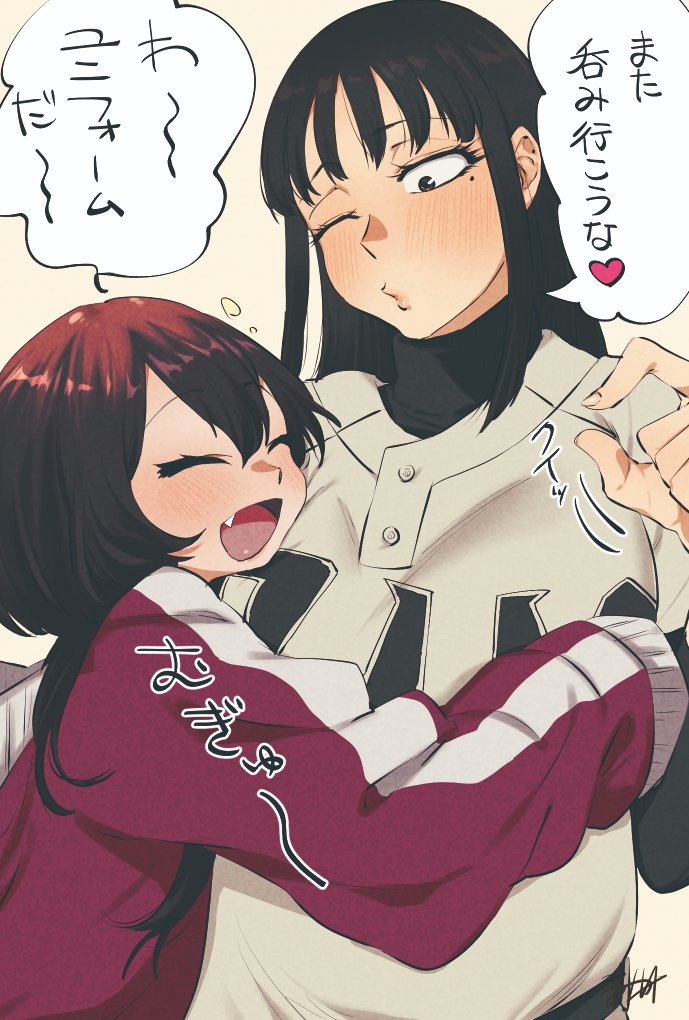 2girls, :d, ^_^, agawa_sensei_(strikeout_pitch), baseball_jersey, baseball_uniform, black_eyes, black_hair