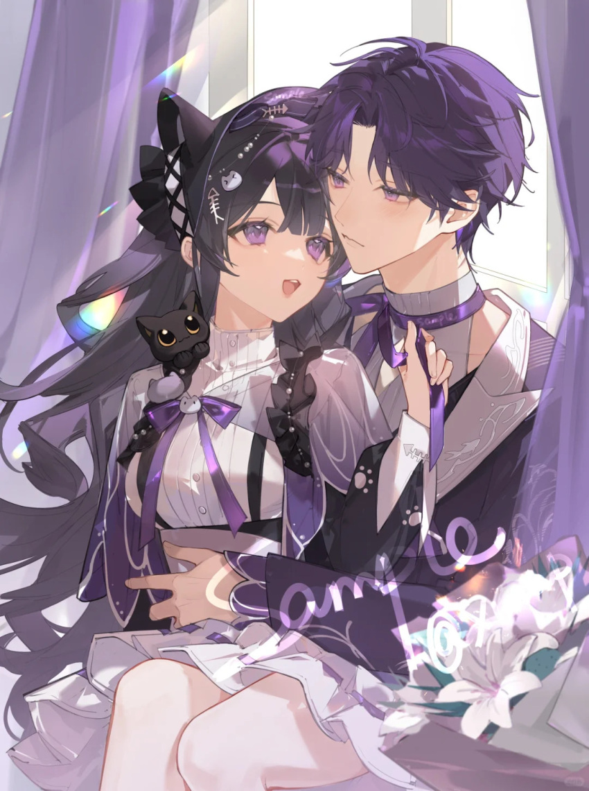1boy, 1girl, animal_ears, animal_on_shoulder, black_bonnet, black_cat, black_corset, black_hair