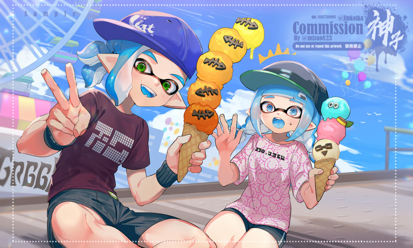 1boy, 1girl, ^^^, amusement_park, artist_name, baseball_cap, bike_shorts, black_hat, black_shorts, black_wristband, blue_hair, blue_hat, blue_tongue, blunt_bangs, blush, braid, clothes_writing, colored_tongue, commentary, commission, fangs, food, food-themed_hair_ornament, green_eyes, hair_ornament, hand_up, hat, highres, holding, holding_ice_cream_cone, ice_cream, ice_cream_cone, inkling, inkling_boy, inkling_girl, inkling_player_character, jinkoika, long_hair, looking_at_viewer, onigiri_hair_ornament, open_hand, open_mouth, pointy_ears, ponytail, print_shirt, red_shirt, sample_watermark, shirt, short_hair, short_sleeves, shorts, sideways_hat, single_sidelock, sitting, smile, smiley_print, splatoon_(series), suction_cups, sweat, symbol-only_commentary, tentacle_hair, too_many, too_many_scoops, twin_braids, v, watermark, white_shirt