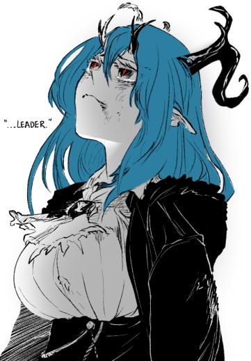 1girl, arknights, ascot, blue_hair, breasts, english_commentary, horns, jacket