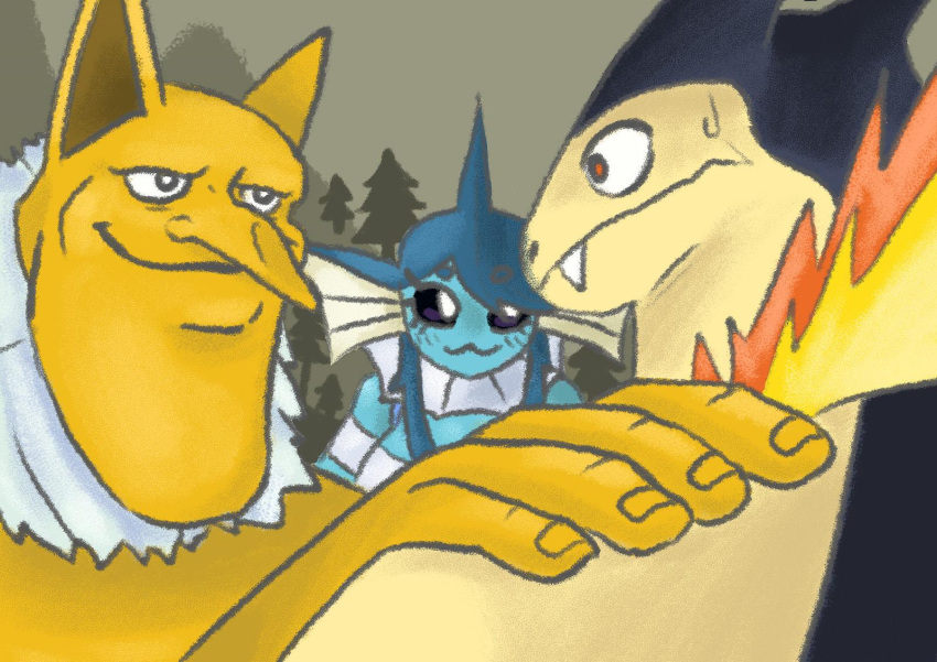 1girl, 2024_pokemon_teraleak, 2boys, :3, akakichi_no_eleven, akakichi_no_eleven_redraws, closed_mouth, fang