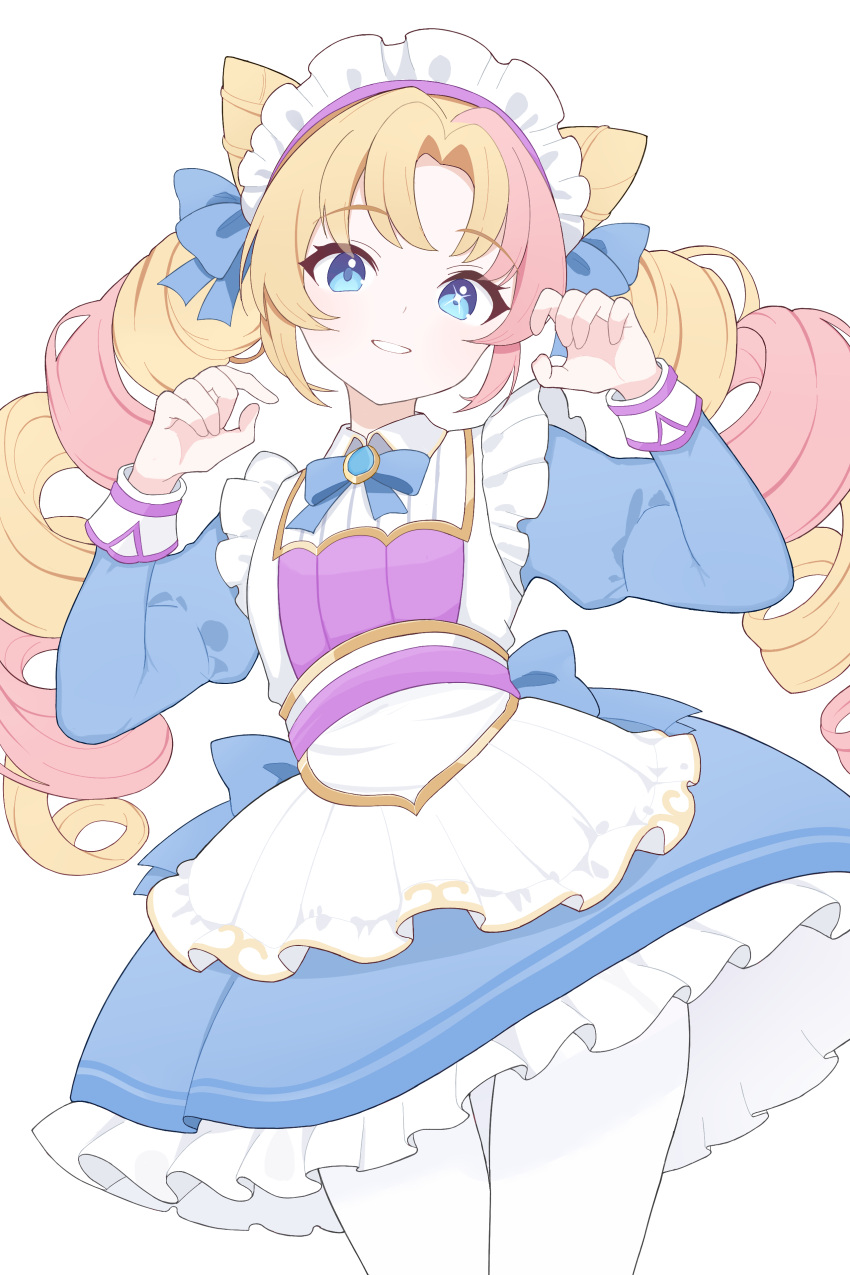 1girl, absurdres, apron, blonde_hair, blue_bow, blue_bowtie, blue_dress, blue_eyes