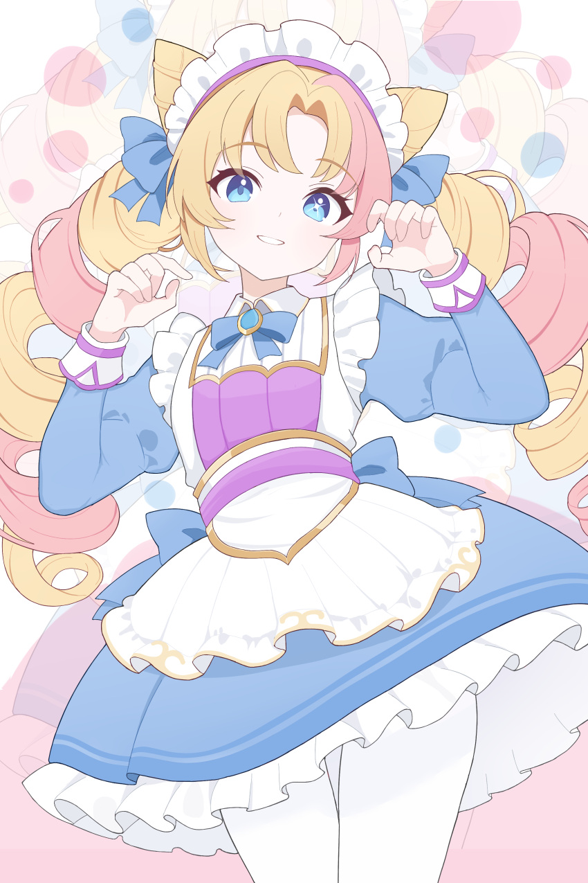 1girl, absurdres, apron, blonde_hair, blue_bow, blue_bowtie, blue_dress, blue_eyes, bow, bowtie, cafe_cuties_gwen, cone_hair_bun, cowboy_shot, double_bun, dress, drill_hair, frilled_dress, frills, grin, gwen_(league_of_legends), hair_bow, hair_bun, hands_up, highres, juliet_sleeves, league_of_legends, long_hair, long_sleeves, looking_at_viewer, maid, maid_apron, maid_headdress, multicolored_hair, pantyhose, parted_bangs, pink_hair, puffy_sleeves, shirao_shiki, smile, solo, twin_drills, twintails, two-tone_hair, white_apron, white_pantyhose