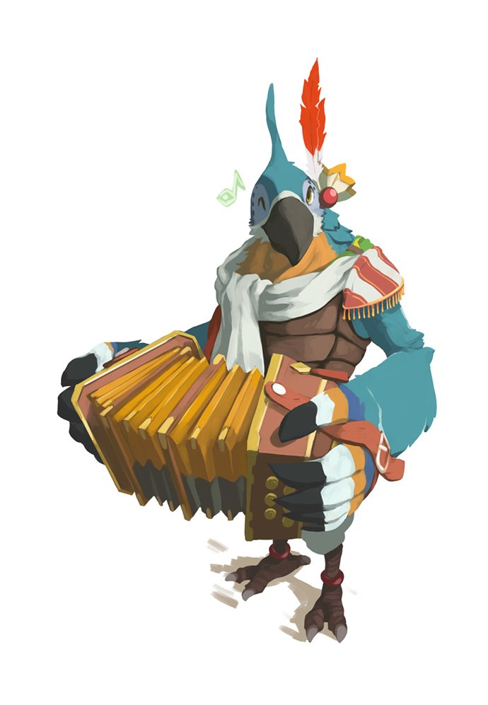 1boy, accordion, armor, beak, bird_boy, bird_wings, blue_feathers, english_commentary, feather_fingers, feather_hair_ornament, feathers, furry, furry_male, hair_ornament, instrument, kass, leather_armor, looking_at_viewer, lower_(lowerkuo), male_focus, multicolored_feathers, musical_note, pants, scarf, strap, talons, the_legend_of_zelda, the_legend_of_zelda:_breath_of_the_wild, white_pants, white_scarf, wings