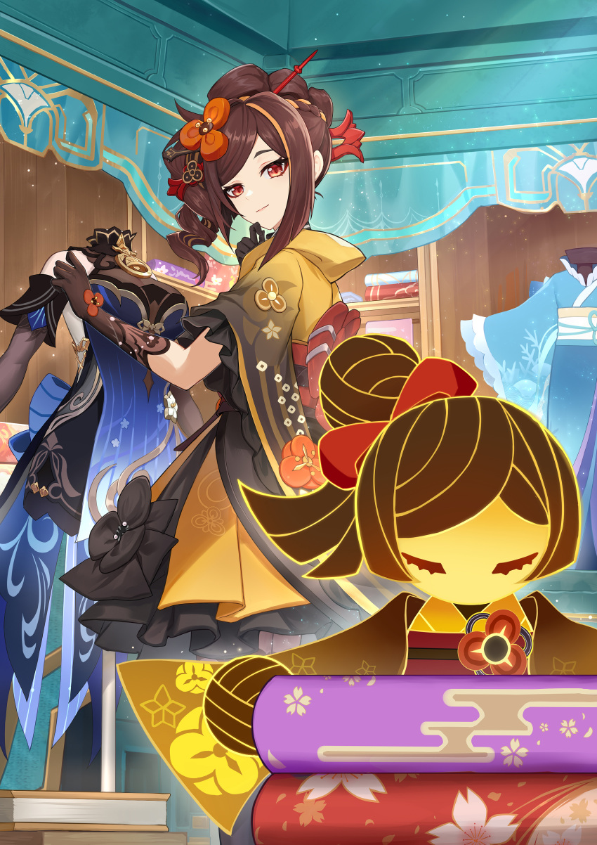 1girl, absurdres, anjilu, black_gloves, blue_kimono, brown_hair, chiori_(genshin_impact), genshin_impact