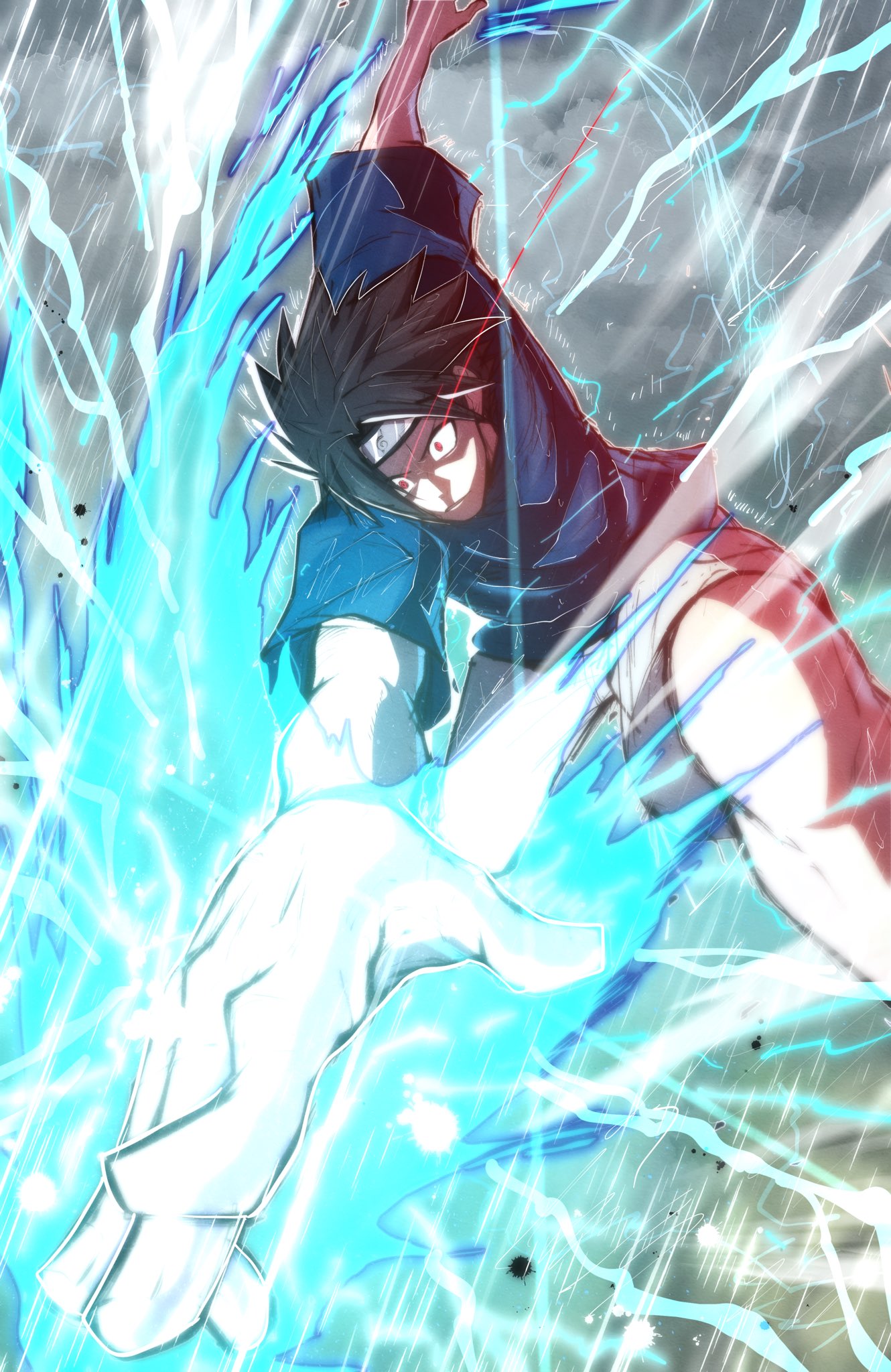 1boy, black_hair, blue_shirt, chidori_(naruto), electricity, eye_trail, highres, light_trail