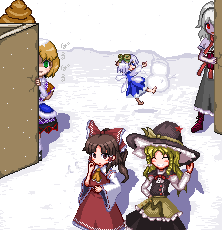 cirno, crack, cracks, hakurei_reimu, jealous, kirisame_marisa, lowres, mizuhashi_parsee, paru_paru, peeking_out, pixel_art, snow, snowman, stalking, touhou, unk_kyouso, winter