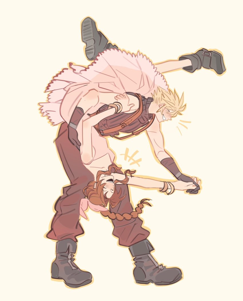 1boy, 1girl, aerith_gainsborough, black_footwear, black_gloves, blonde_hair, blush, boots, braid, braided_ponytail, breasts, brown_hair, brown_pants, closed_eyes, cloud_strife, couple, dancing, dip_(dance_move), dress, final_fantasy, final_fantasy_vii, final_fantasy_vii_rebirth, final_fantasy_vii_remake, full_body, gloves, hair_between_eyes, hair_ribbon, hetero, highres, holding_hands, laughing, long_dress, long_hair, medium_breasts, mmmckayyy, open_mouth, pants, parted_bangs, pink_dress, pink_ribbon, ribbon, sepia, short_hair, sidelocks, single_braid, sleeveless, sleeveless_dress, sleeveless_turtleneck, smile, spiky_hair, suspenders, turtleneck
