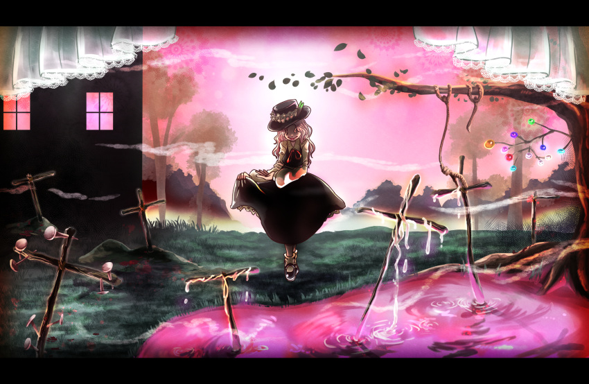 1girl, ankle_socks, black_dress, black_footwear, black_hat, blonde_hair, bow, bowtie