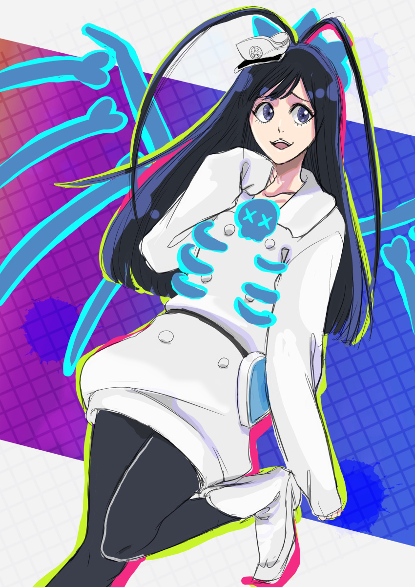1boy, absurdres, anno_im, antenna_hair, black_hair, bleach, blue_eyes, collarbone, giselle_gewelle, hat, highres, long_hair, looking_to_the_side, open_mouth, otoko_no_ko, wings