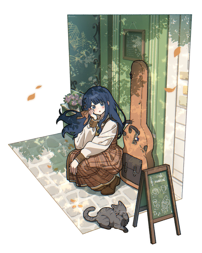 1girl, :o, black_cat, black_eyes, black_hair, blunt_bangs, blush, bow, braid, brown_dress, brown_footwear, brown_shirt, cat, charm_(object), cocov, dress, falling_leaves, flower, flower_pot, guitar_case, hair_bow, hand_on_own_cheek, hand_on_own_face, happy_enjoy_music!_(project_sekai), hashtag-only_commentary, highres, hoshino_ichika_(project_sekai), instrument_case, leaf, licking_self, looking_at_viewer, menu_board, musical_note_charm, pink_flower, plaid_clothes, plaid_dress, project_sekai, shirt, sidelocks, solo, squatting, star_charm, wrist_cuffs