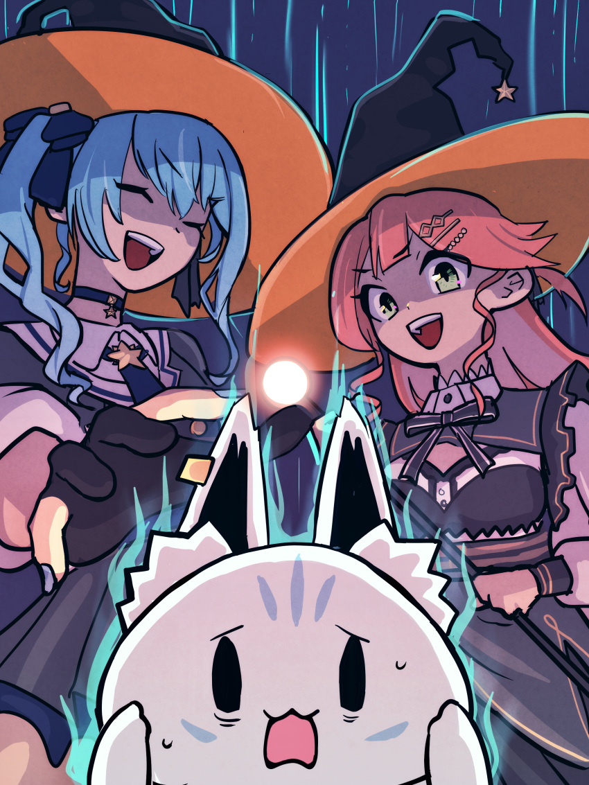 2girls, absurdres, ahoge, animal_ears, aura, black_gloves, blue_choker, blue_hair