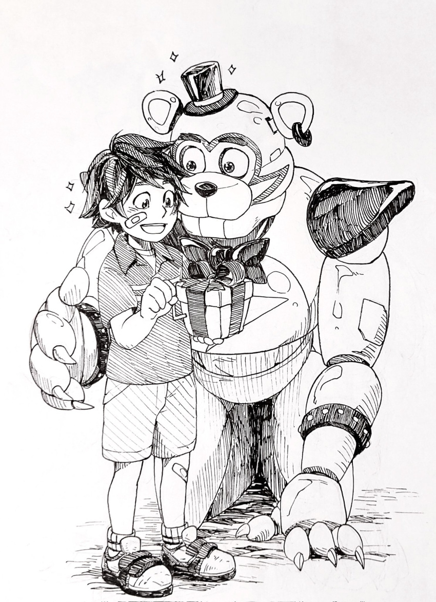 1boy, 1other, animal_ears, bandaid, bandaid_on_cheek, bandaid_on_face, bandaid_on_leg, bear