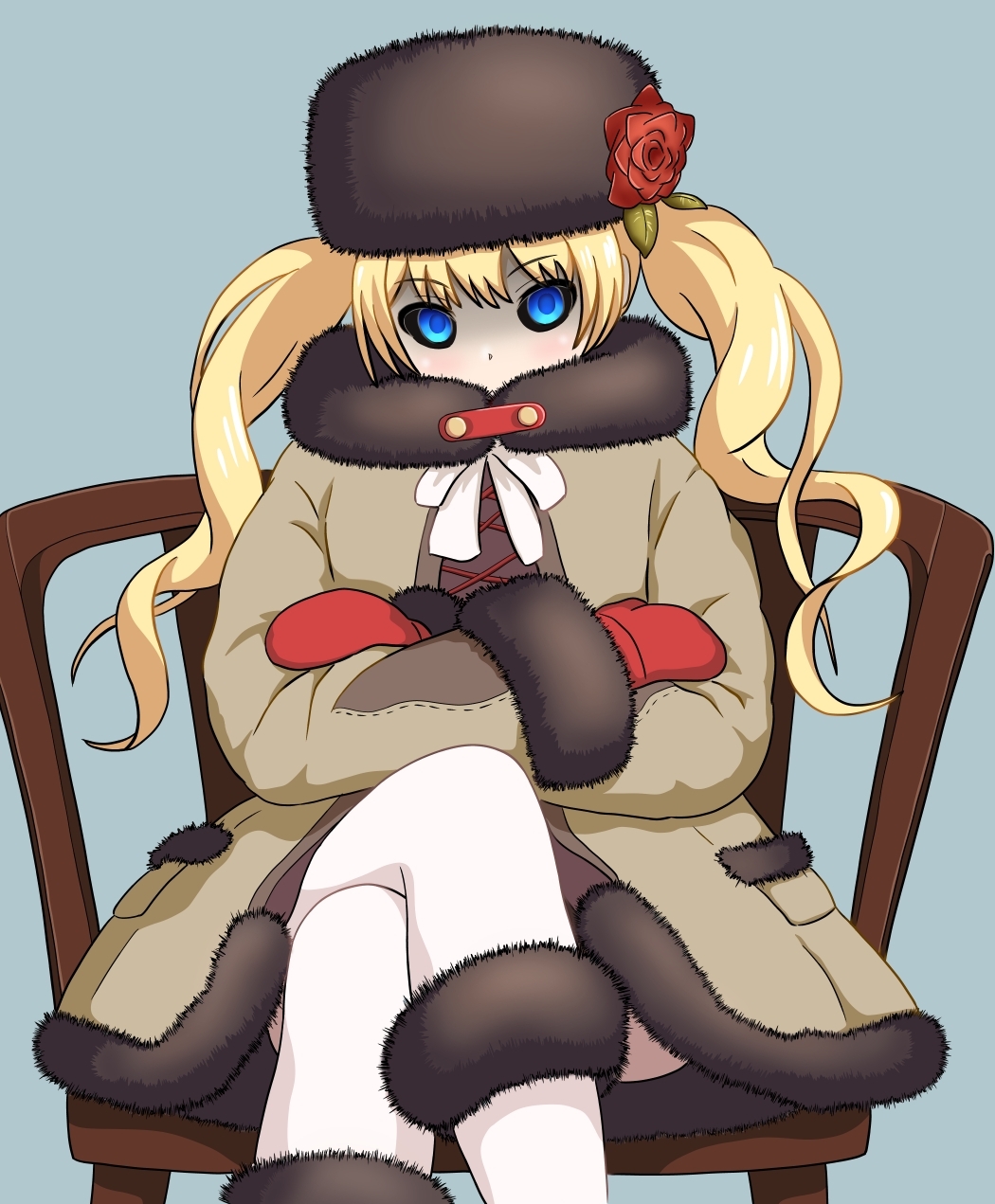 1girl, aqua_background, black_hat, black_sclera, blonde_hair, blue_eyes, chair, coat